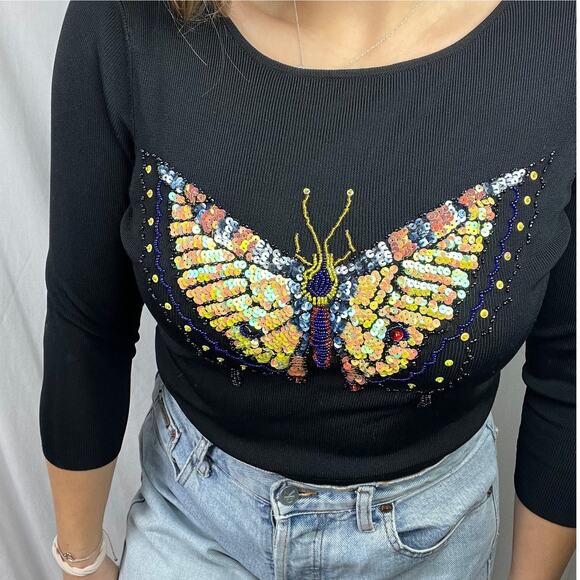 Nordstrom Embellished Vintage Y2K Beaded Graphic Butterfly Sequin Top Sz Small - Picture 1 of 5